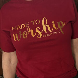 Burgandy cotton t-shirt with gold lettering. Available sizes: S-L Women's Cut