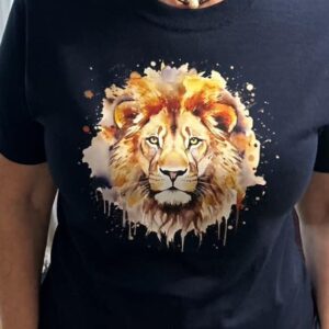 Women's t-shirt featuring a full color lion graphic in a watercolor style. Available sizes: S-L Women's Cut